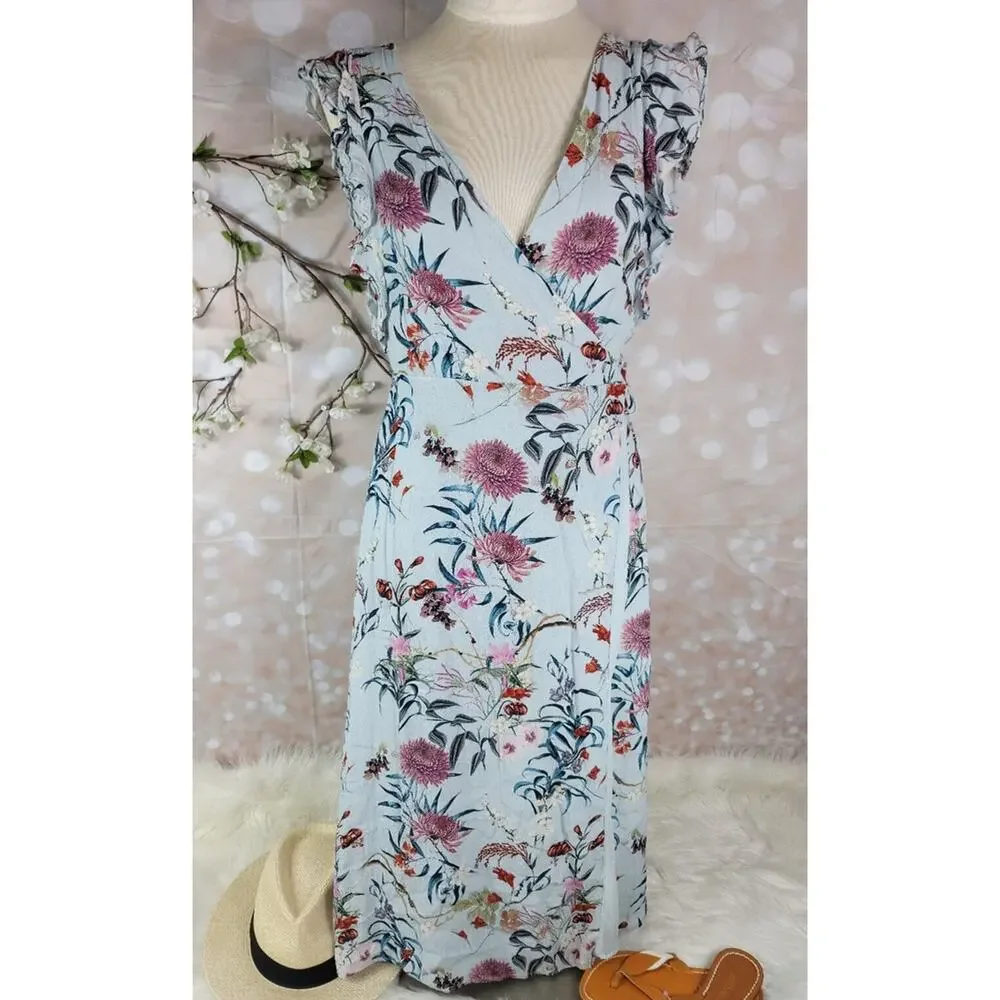WILLOW & CLAY Blue Granny Floral Print Wrap Midi Dress Ruffle Sleeve Boho Chic